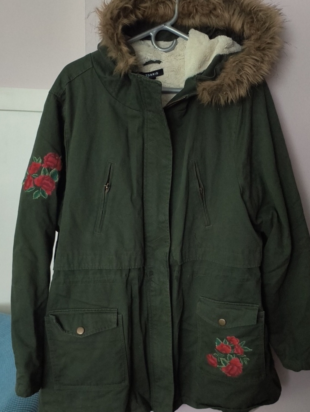 Torrid Olive Green Faux Fur Trim Parka with Rose Embroidery